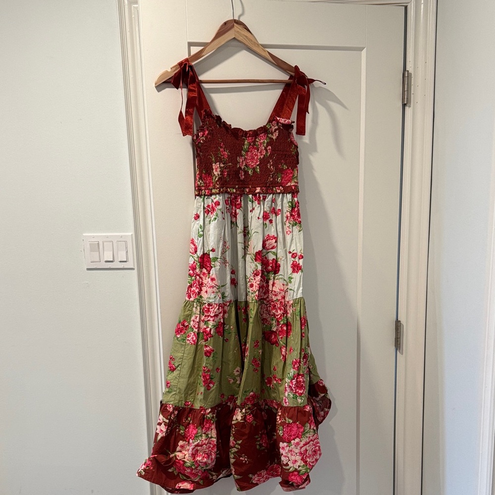 Floral Tiered Maxi Dress with Red Accents
